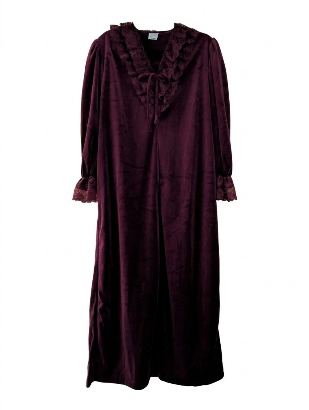 Vintage Burgundy Velvet Velour Maxi Robe Loungewear Lace Trim Large Cottagecore